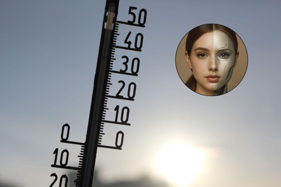 Thermometer zeigt Skala bis 50, Sonne im Hintergrund, Gesichtshalbierung Mensch-Maschine.