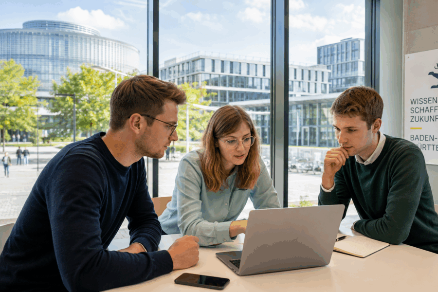 Drei Personen sitzen an einem Tisch und schauen auf einen Laptop.