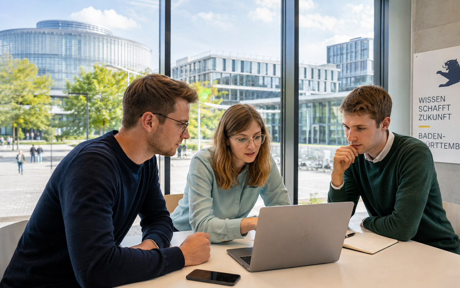 Drei Personen sitzen an einem Tisch und schauen auf einen Laptop.