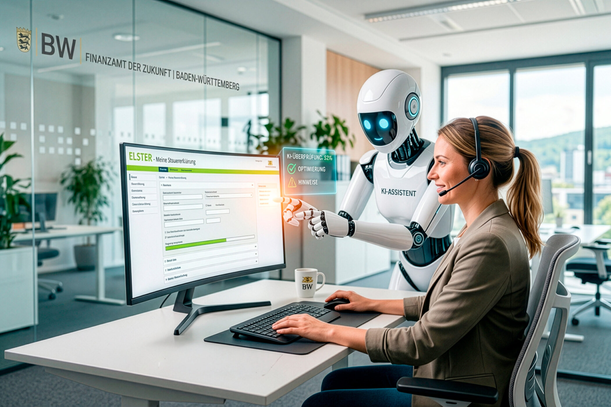 Frau mit Headset arbeitet am Computer, Roboter daneben, Bildschirm zeigt ELSTER-Dokument.