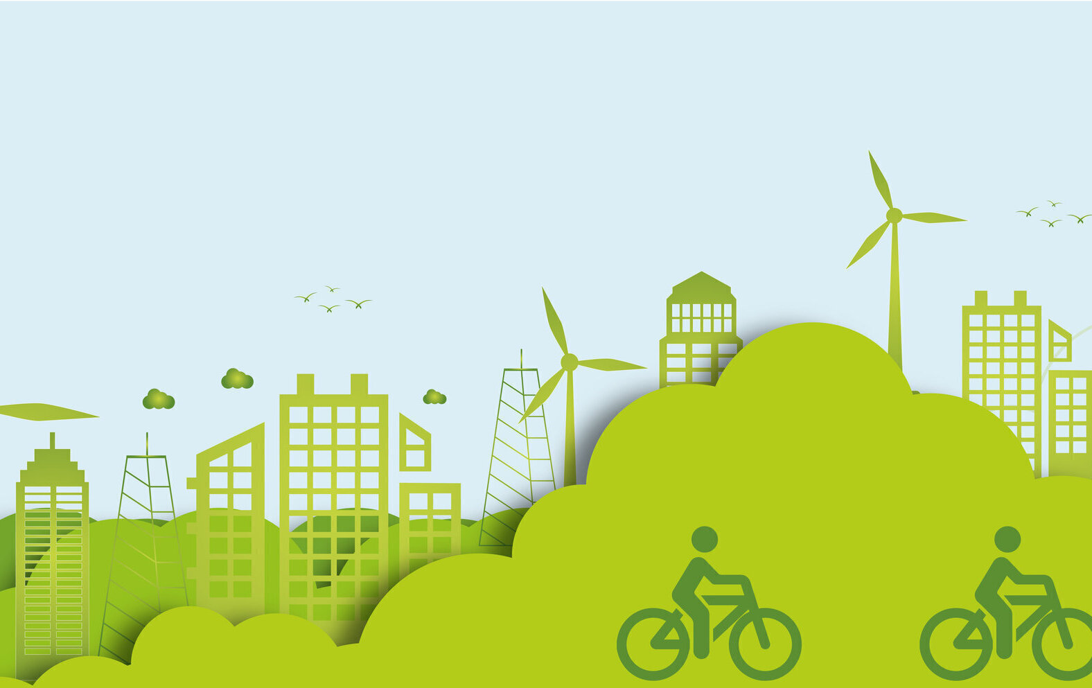 Grüne Gebäude, Windräder, zwei Radfahrer-Symbole, Vögel im Himmel.