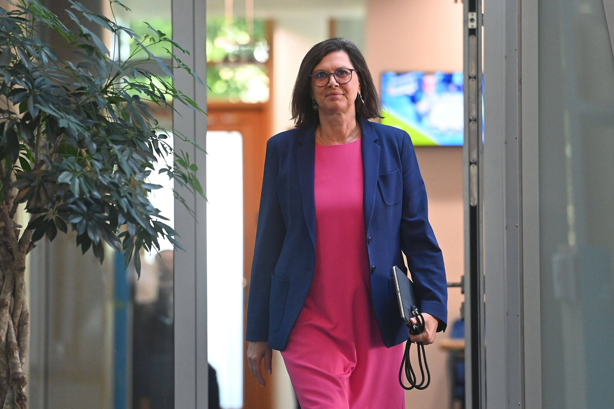 Person in blauem Blazer und pinkem Kleid mit Mappe, geht durch Glastür.