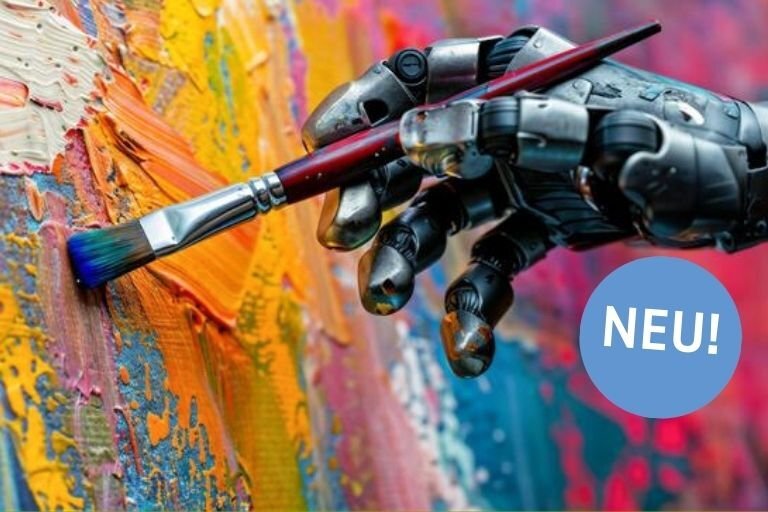 Roboterhand hält Pinsel auf bunter Leinwand, blauer Kreis mit „NEU!“