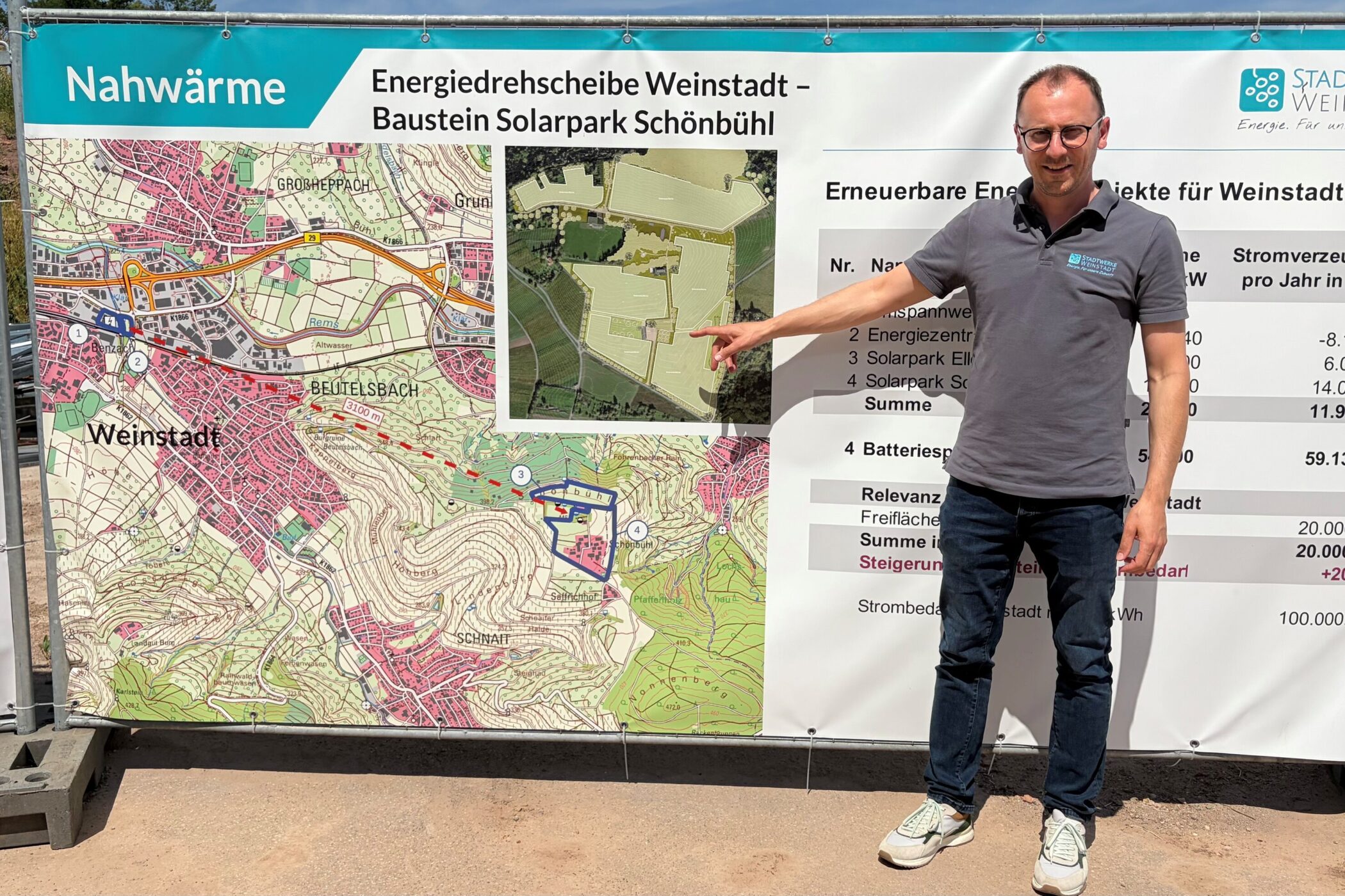Mann zeigt auf Infotafel mit Karte und Text zu Projekten von Stadtwerke Weinstadt.
