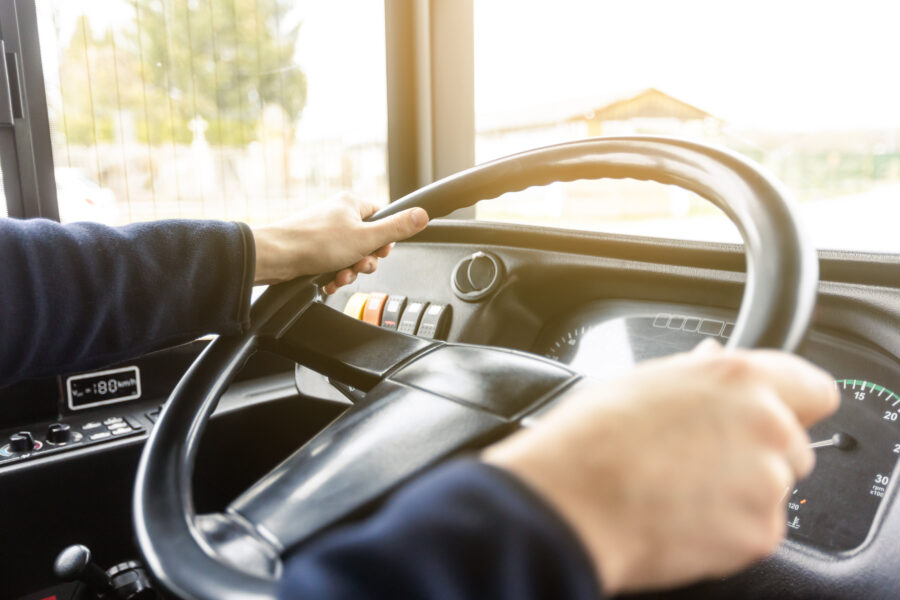 Hände halten Lenkrad in Fahrzeugkabine, Tachometer zeigt 30 km/h.