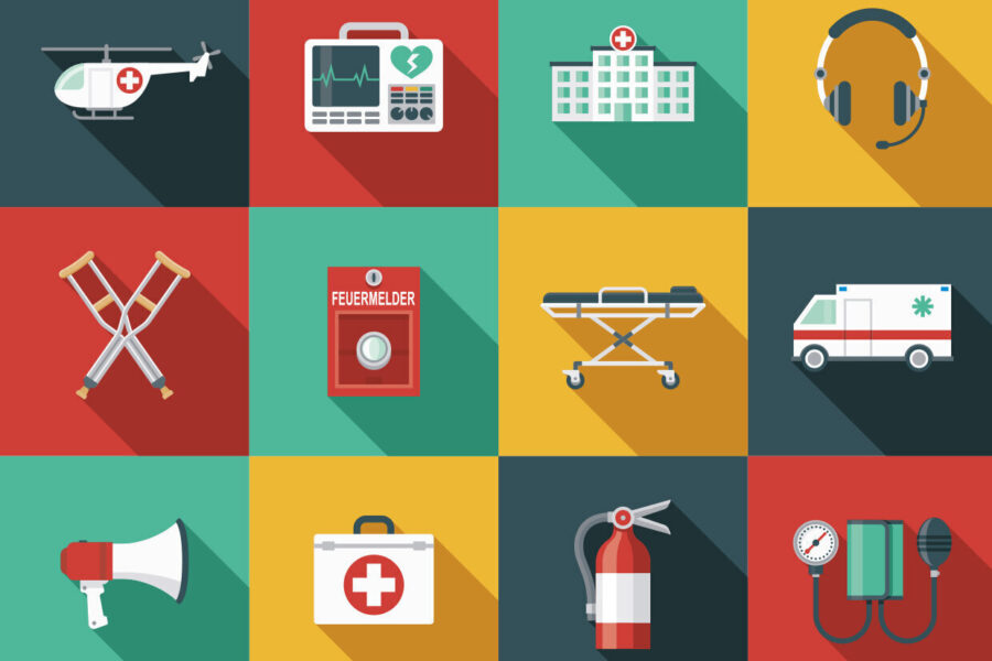 12 medizinische Symbole: Hubschrauber, EKG, Krankenhaus, Kopfhörer, Krücken, Feueralarm.