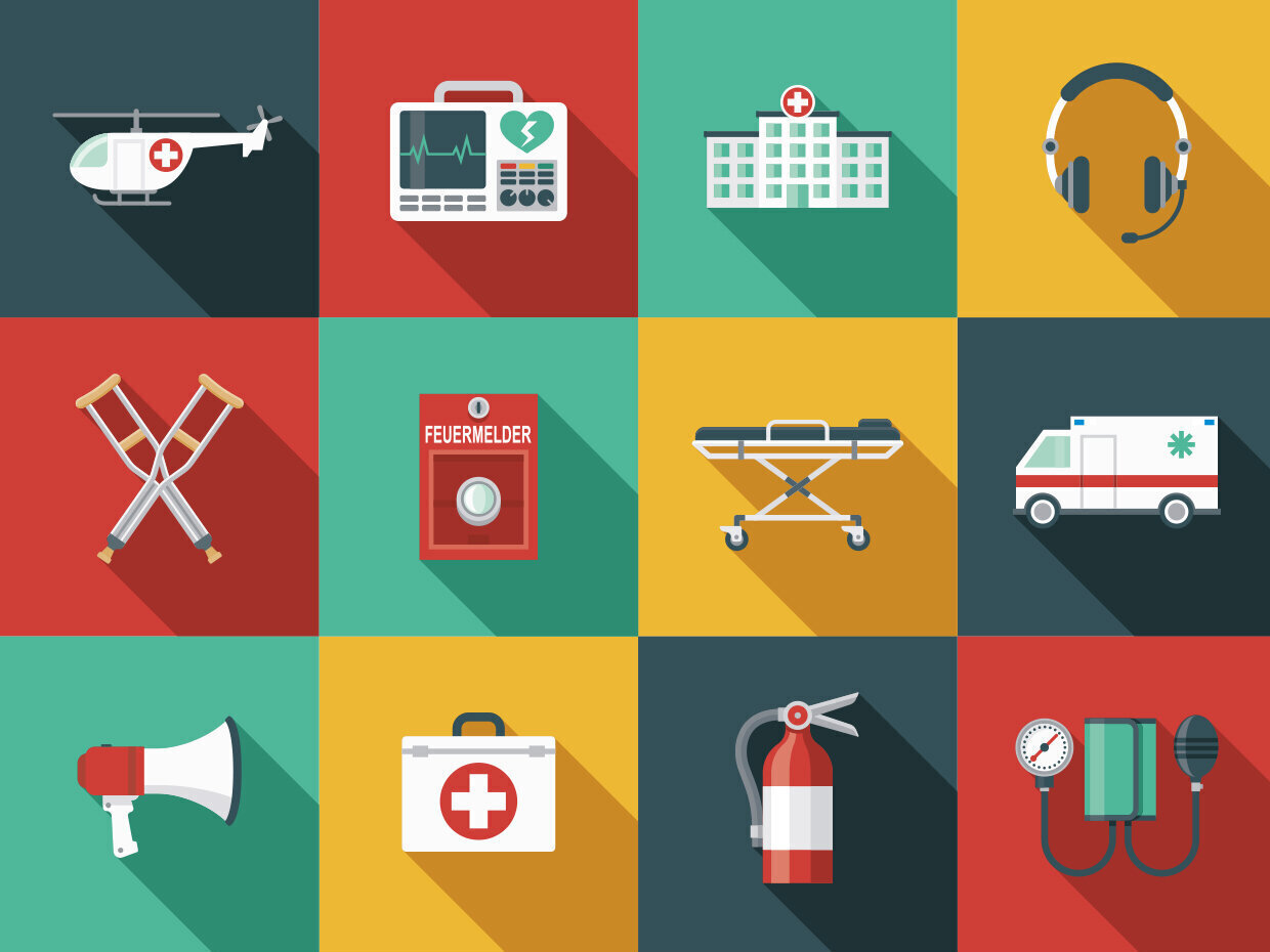 12 medizinische Symbole: Hubschrauber, EKG, Krankenhaus, Kopfhörer, Krücken, Feueralarm.