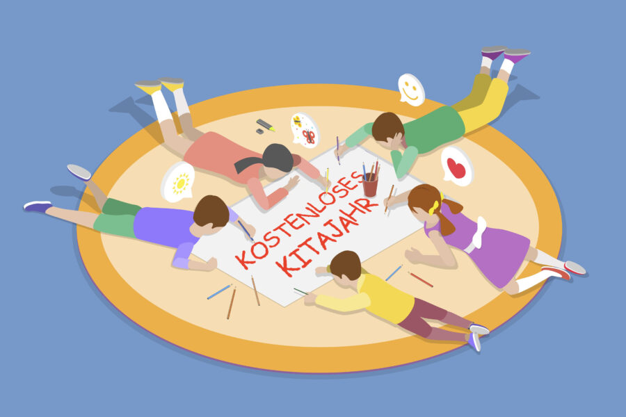 Fünf Kinder malen um ein Blatt mit "KOSTENLOSES KITAJahr".