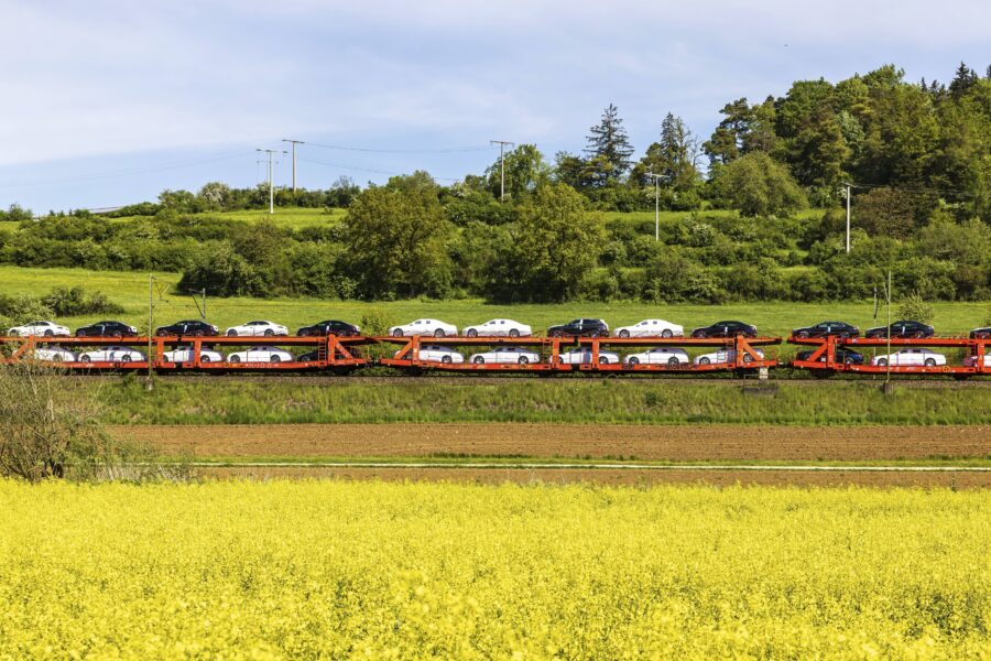 Autotransportzug mit weißen und schwarzen Autos auf Schienen, grüne Wiesen im Hintergrund.