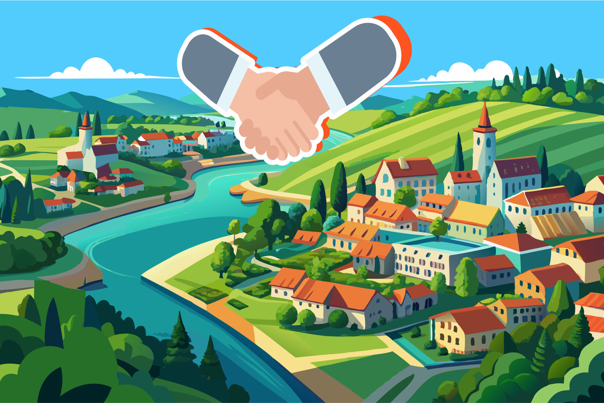 Zwei Hände schütteln sich über einer bunten Landschaft mit Fluss und Dorf.