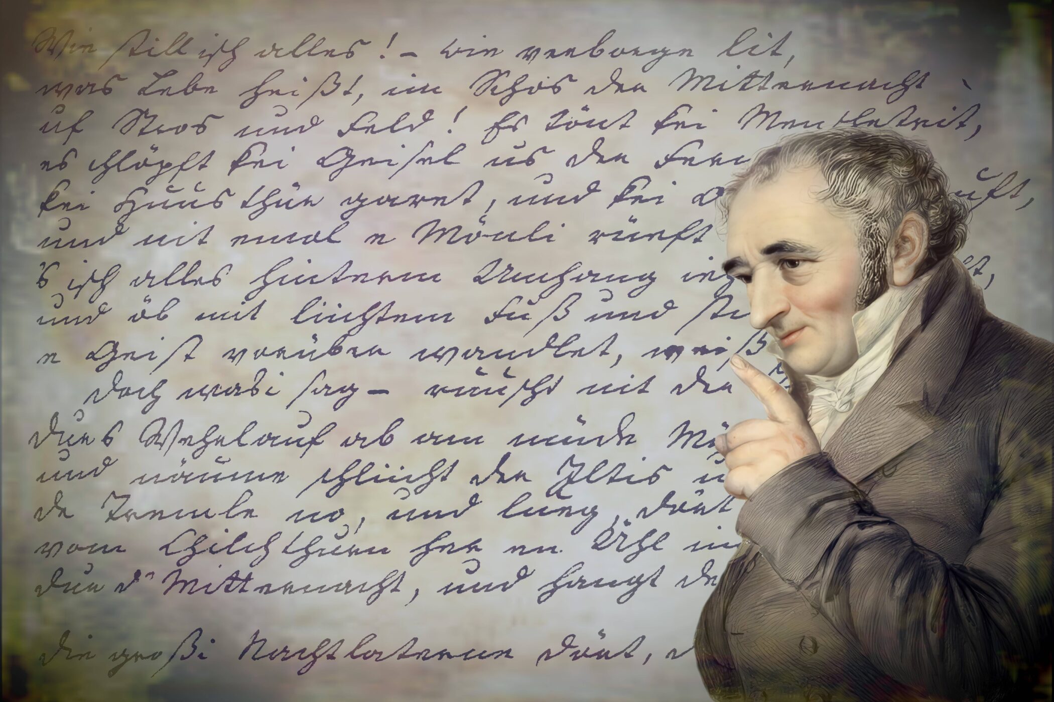 Porträt eines Mannes vor handschriftlichem Text, Hände erhoben, trägt Anzug.