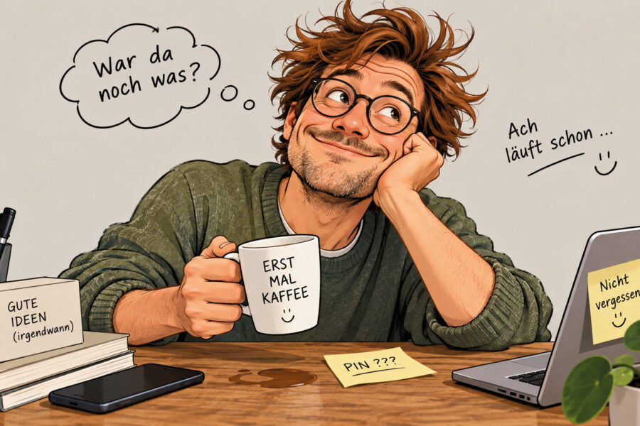 Mann mit Brille stützt Kopf, hält Tasse. Text auf Tasse: "ERST MAL KAFFEE".