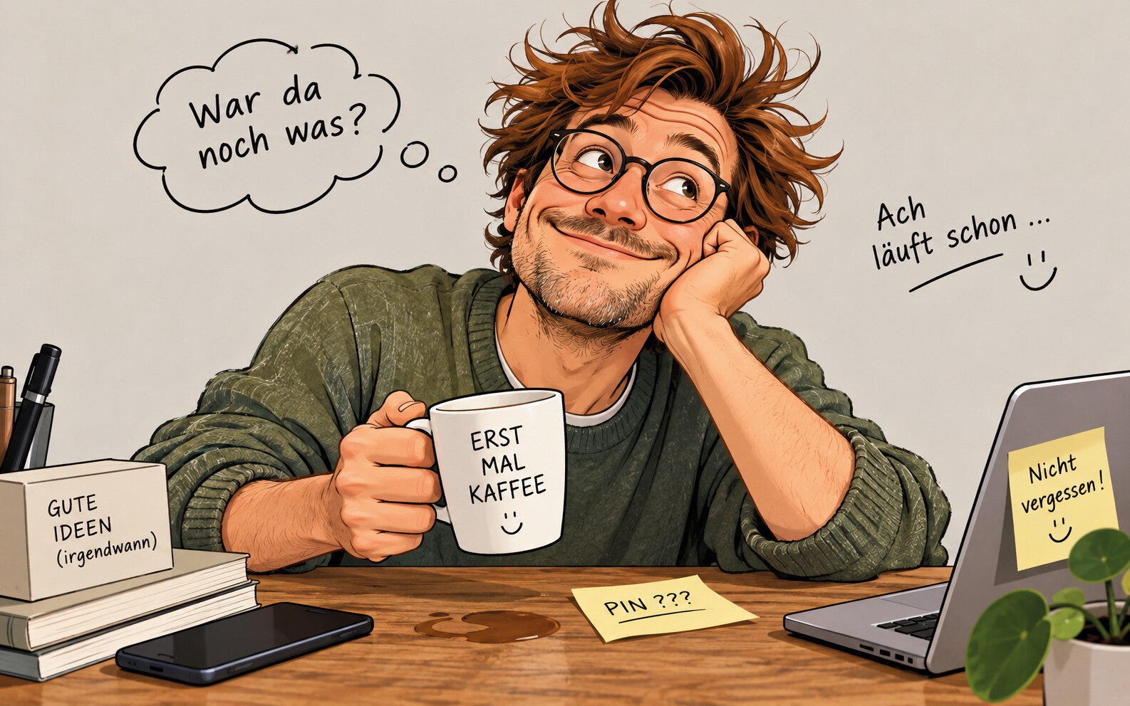 Mann mit Brille stützt Kopf, hält Tasse. Text auf Tasse: "ERST MAL KAFFEE".