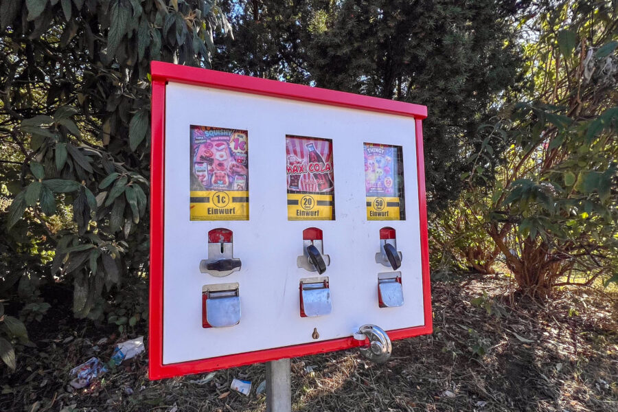 Kaugummiautomat mit drei Fächern, umliegende grüne Sträucher.