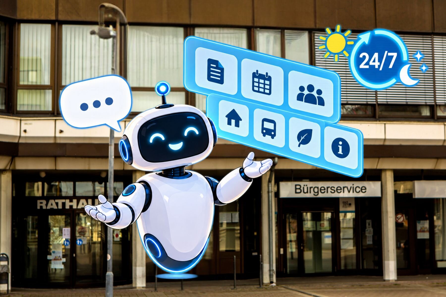 Roboter mit Icons, 24/7-Symbol, Rathaus- und Bürgerservice-Schildern im Hintergrund.
