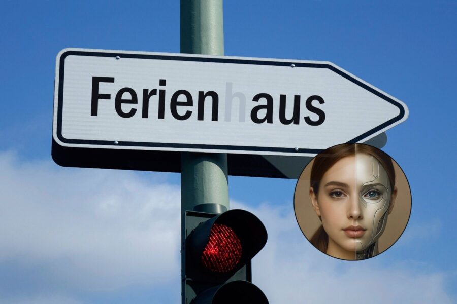 Wegweiser „Ferienhaus“, Ampel, Illustration eines Gesichts halb Mensch, halb Roboter.