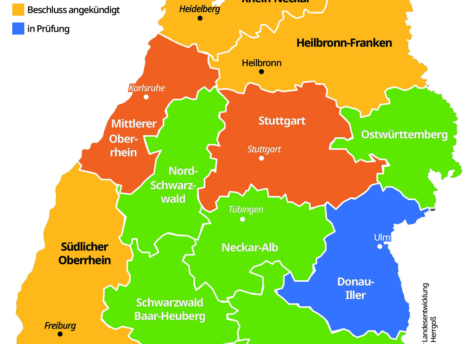Karte von Baden-Württemberg mit farblich markierten Planungsregionen zur Windenergie.