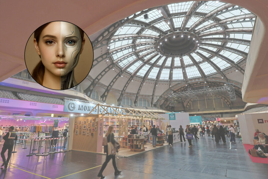 Große Halle mit Ständen und Menschen, zentral oben Bild einer Frau zur Hälfte Cyborg.