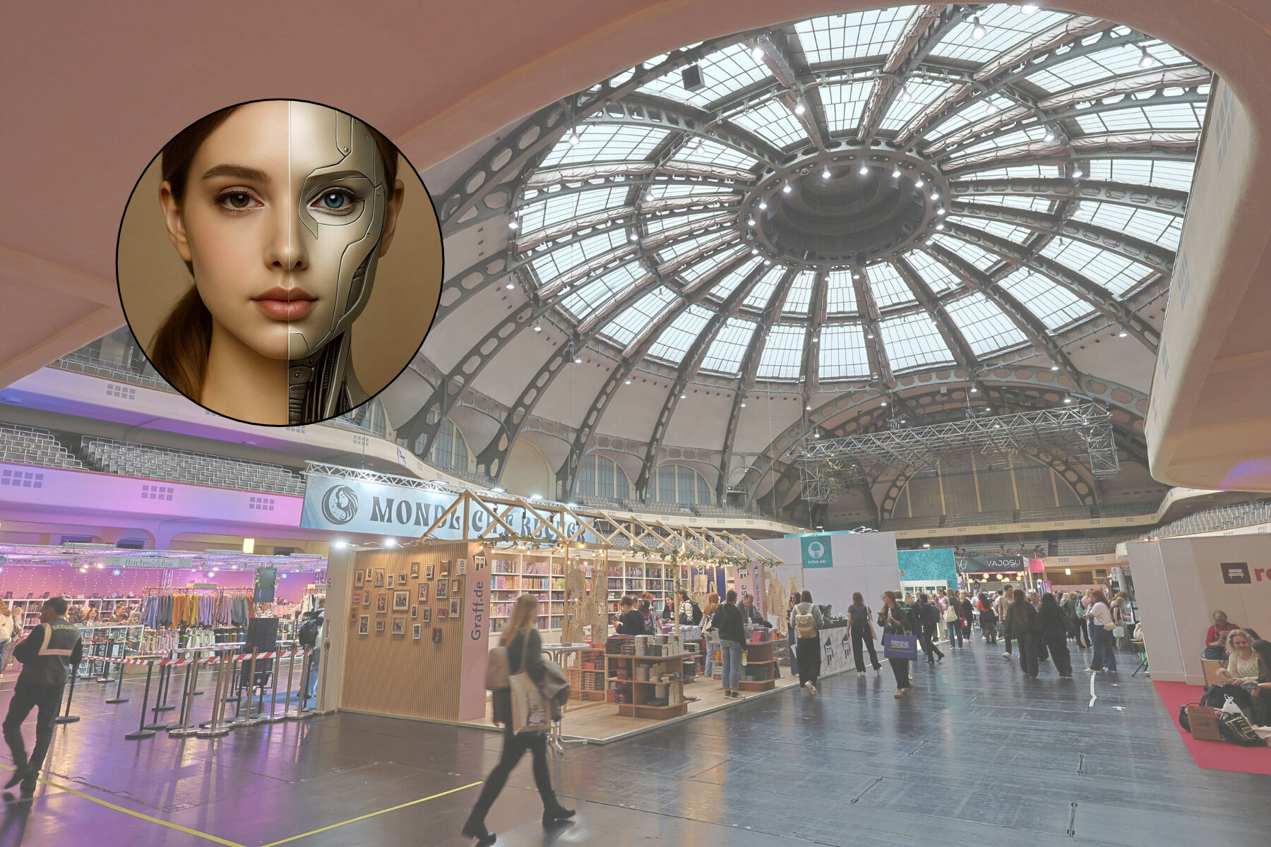 Große Halle mit Ständen und Menschen, zentral oben Bild einer Frau zur Hälfte Cyborg.