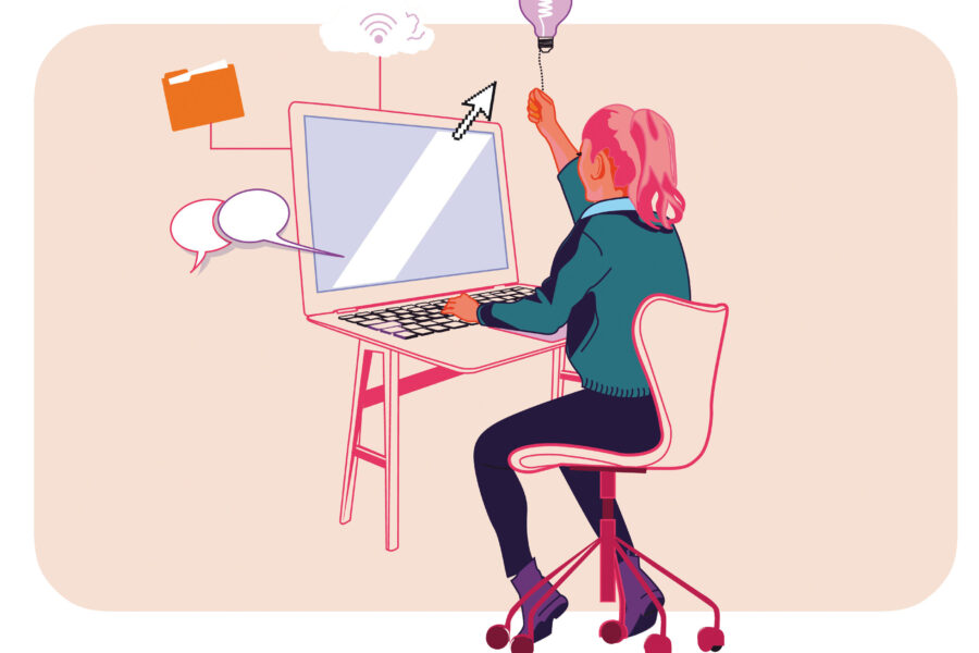 Person am Schreibtisch nutzt Computer, hält Glühbirne, Symbole im Hintergrund.