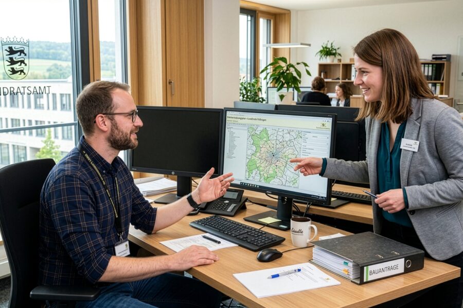 Zwei Personen im Büro, vor Computer mit Karte. Ordner mit „Bauanträge“.