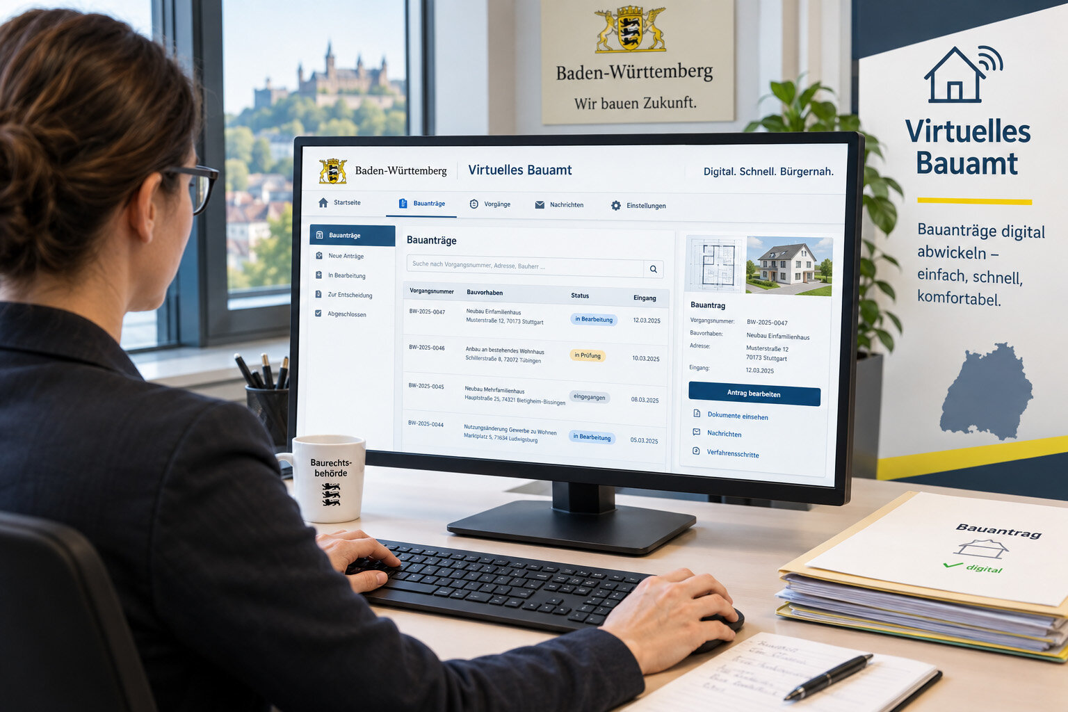 Person arbeitet an einem Computer mit dem "Virtuelles Bauamt" Interface. Mappe rechts.