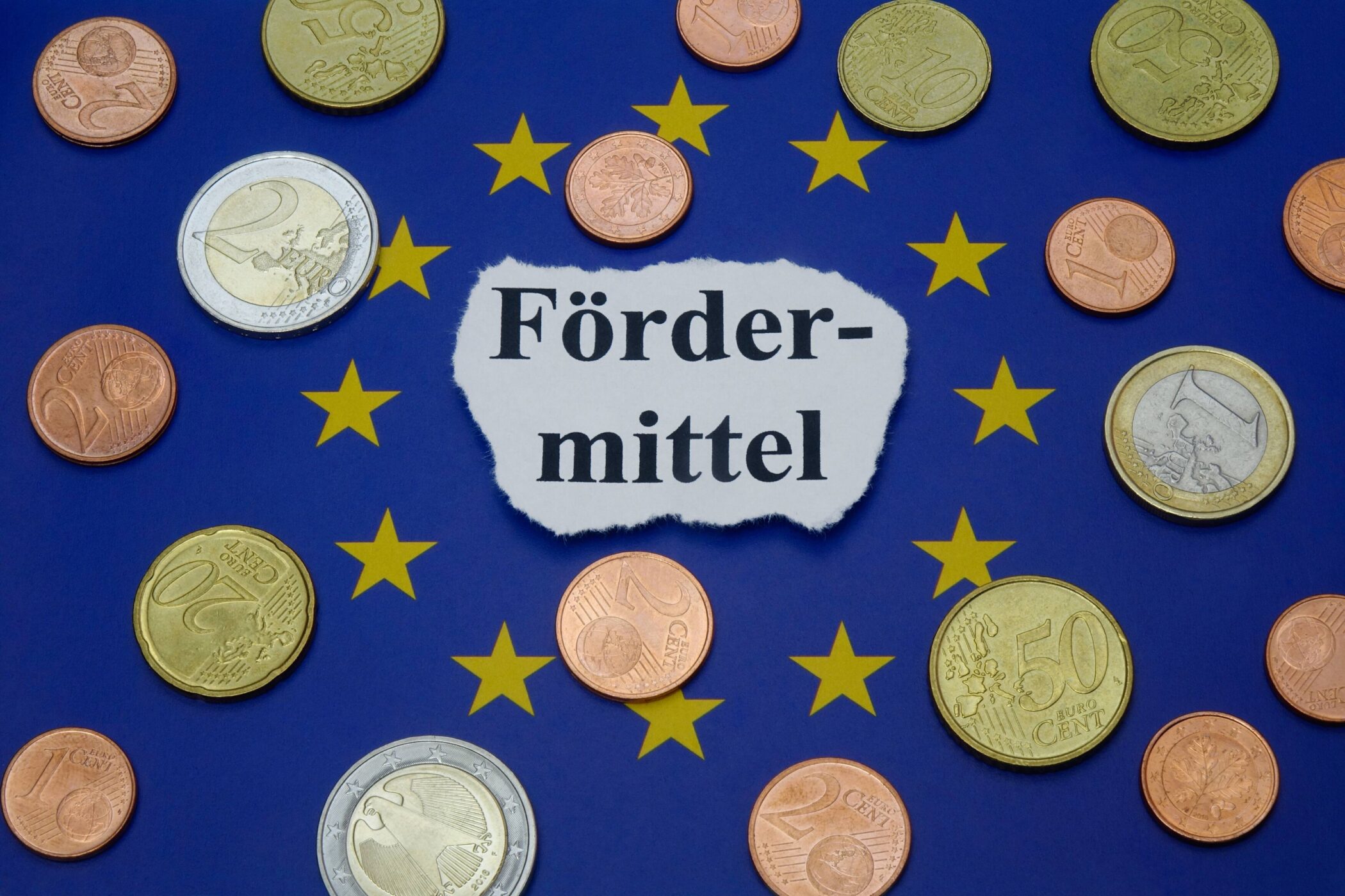 Kreis aus Euro-Münzen auf EU-Flagge, Text in der Mitte: "Fördermittel".