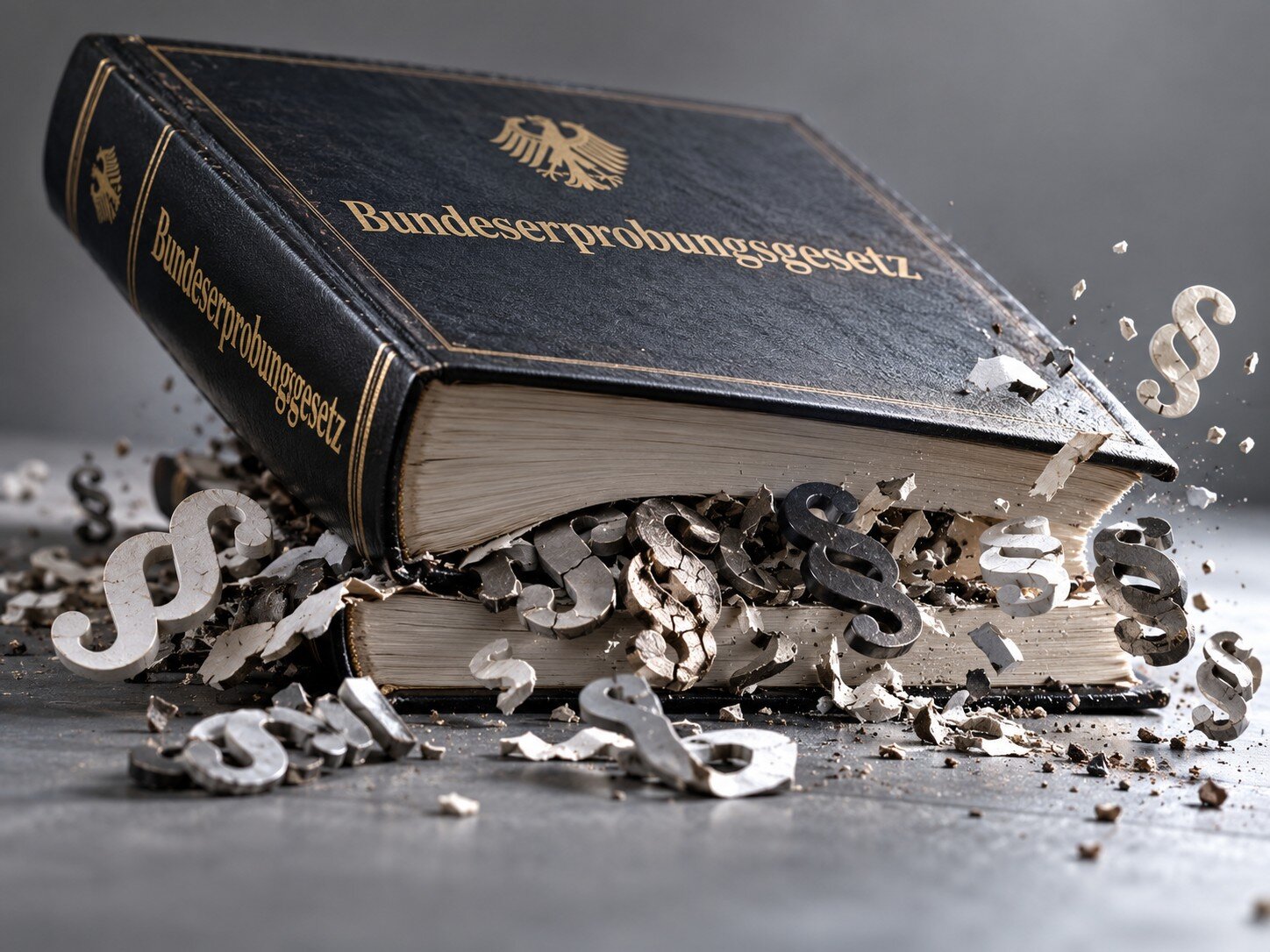 Aufgeschlagenes Buch "Bundesprobungsgesetz", Papier fliegt in Form von Paragraphenzeichen.