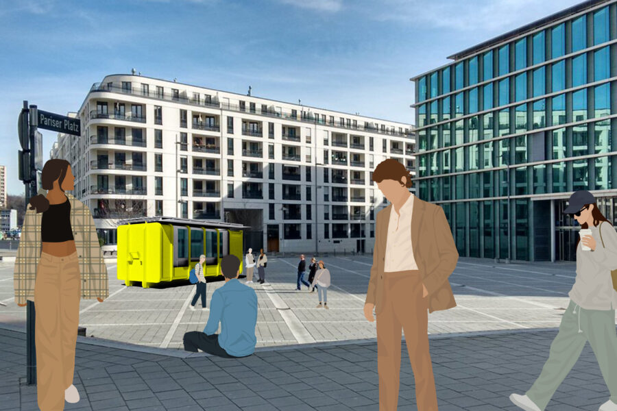 Menschen auf einem Platz, gelbes Fahrzeug, Gebäude im Hintergrund, Schild "Pariser Platz".