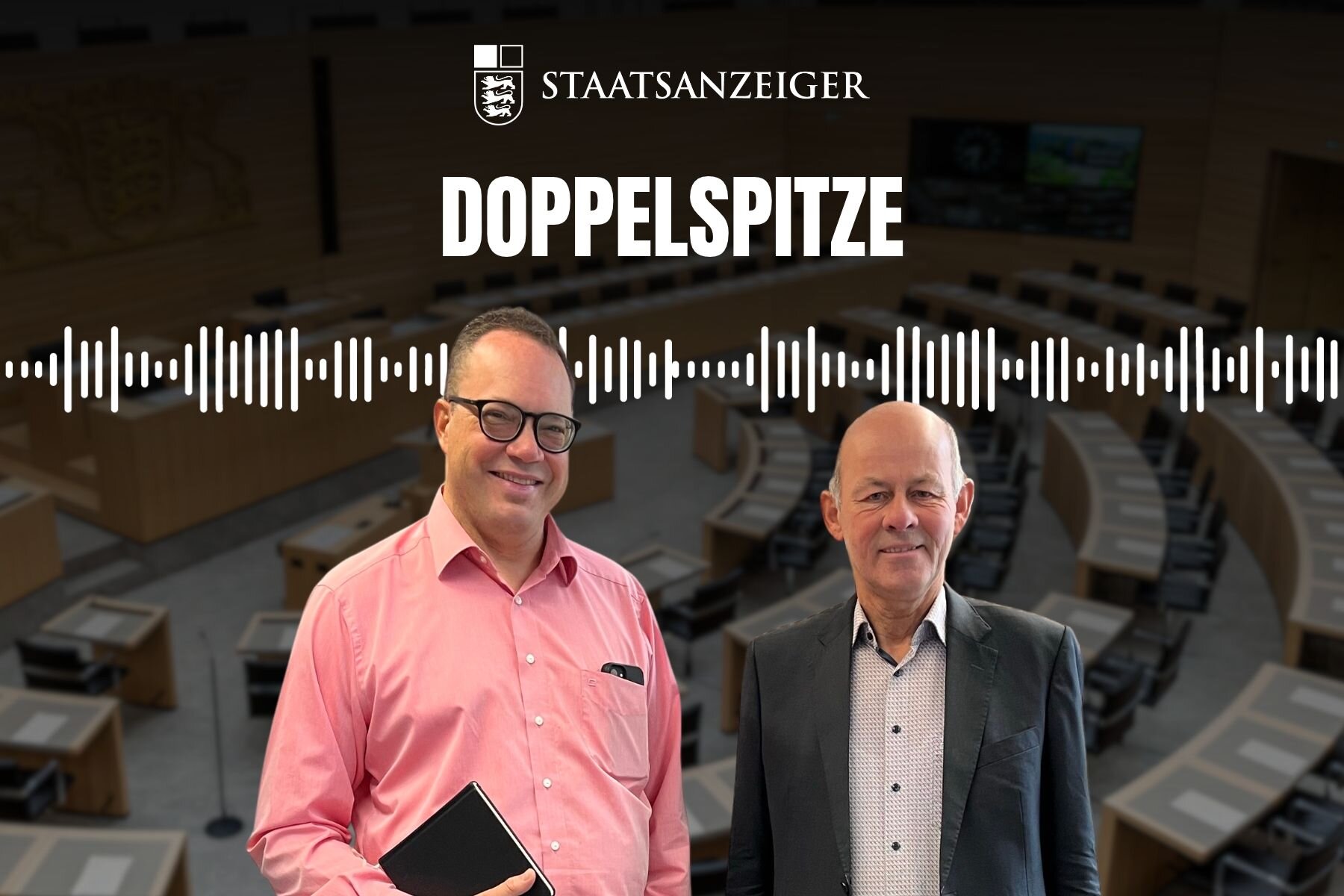 Zwei Männer in Hemd und Jackett vor einem Konferenzraum, Text: "STAATSANZEIGER DOPPELSPITZE".