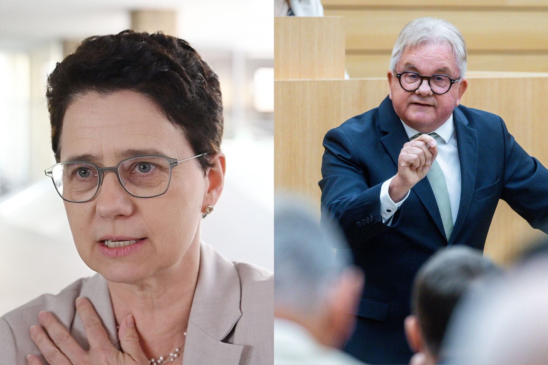 Zwei Personen sprechen, eine Frau links, ein Mann rechts mit erhobener Hand.