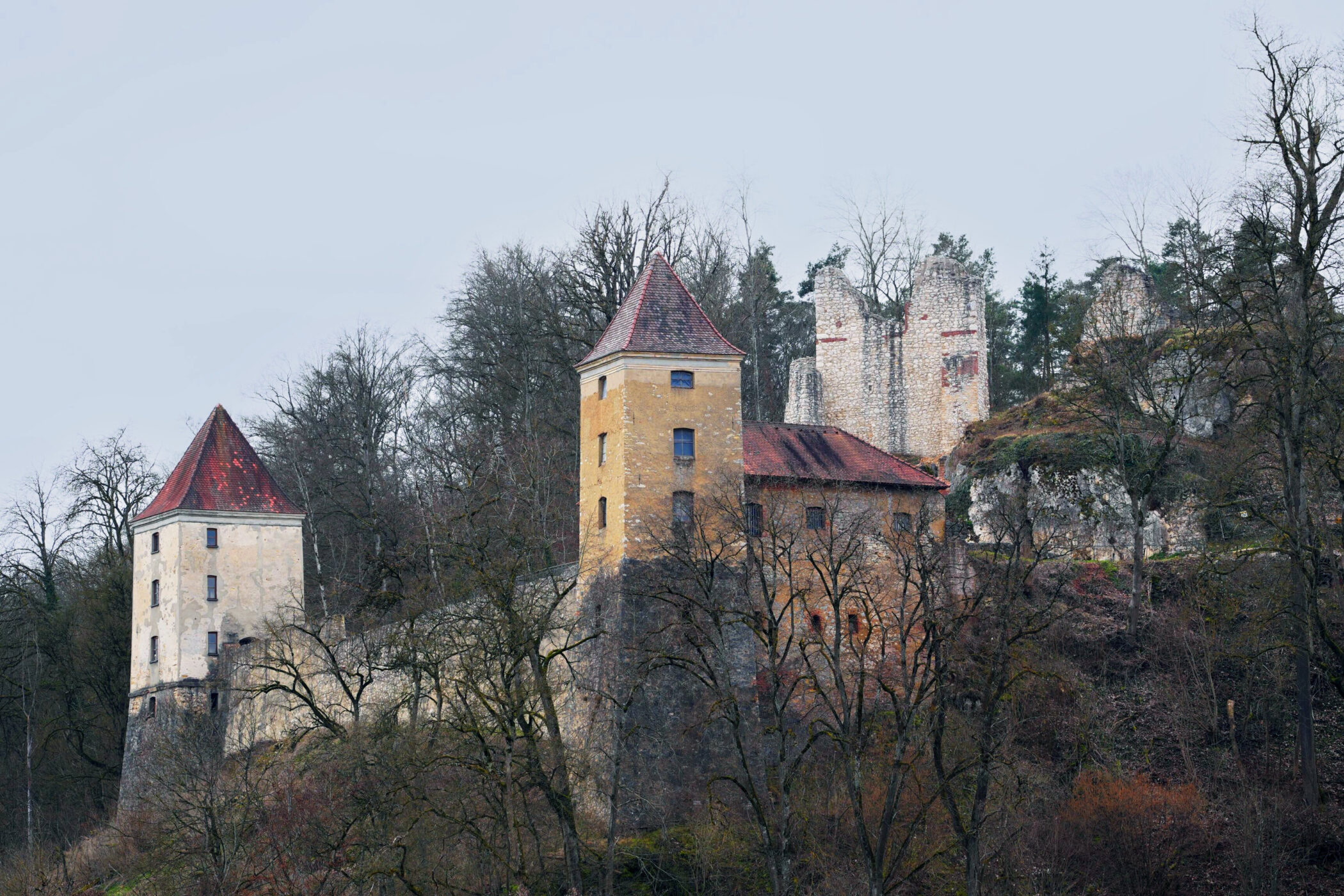 Zwei Türme und Burgmauer vor kahlen Bäumen, bewaldeter Hintergrund.