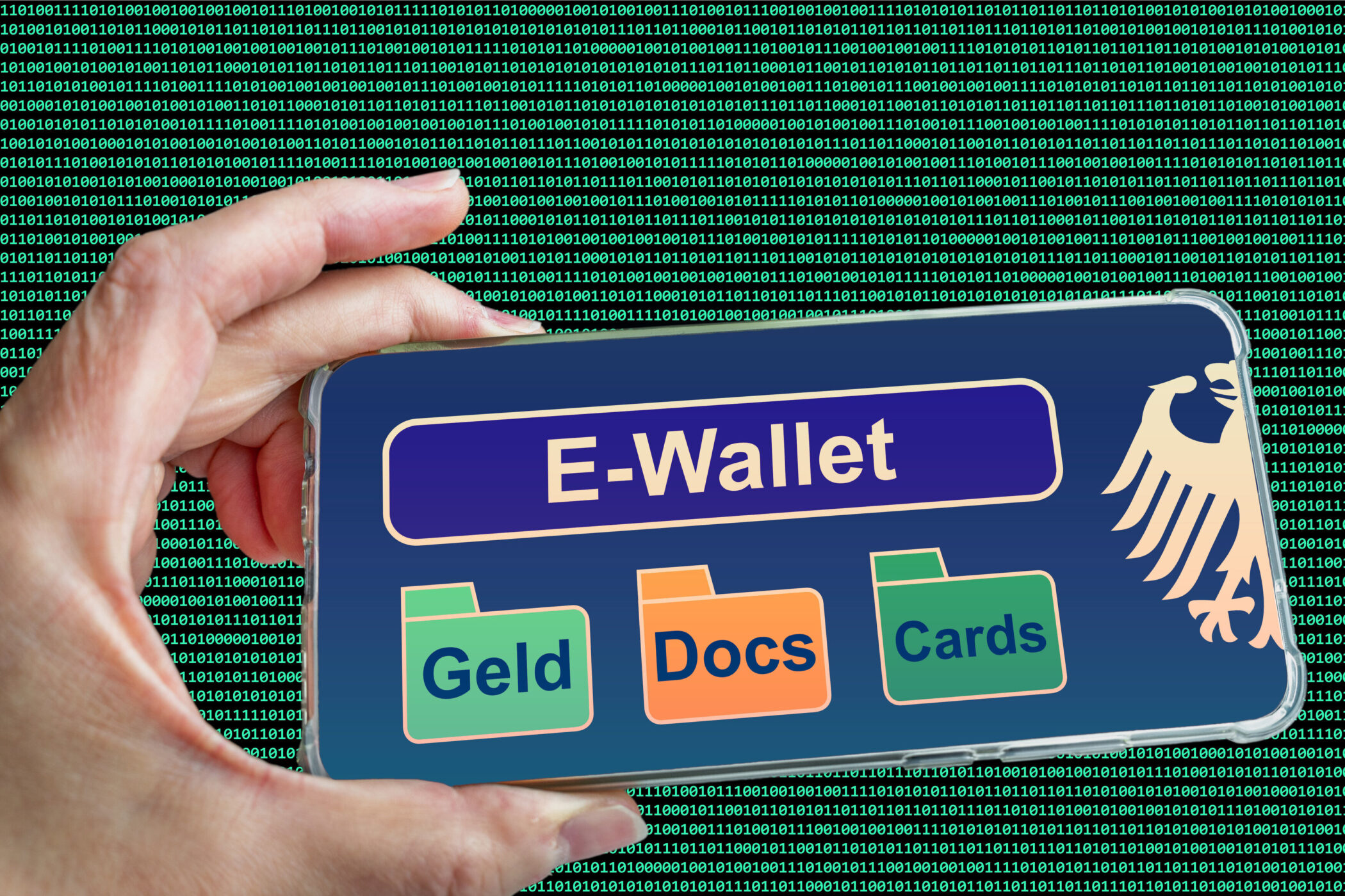 Hand hält Smartphone mit "E-Wallet" und Ordnern "Geld", "Docs", "Cards". Hintergrund: Binärcode.
